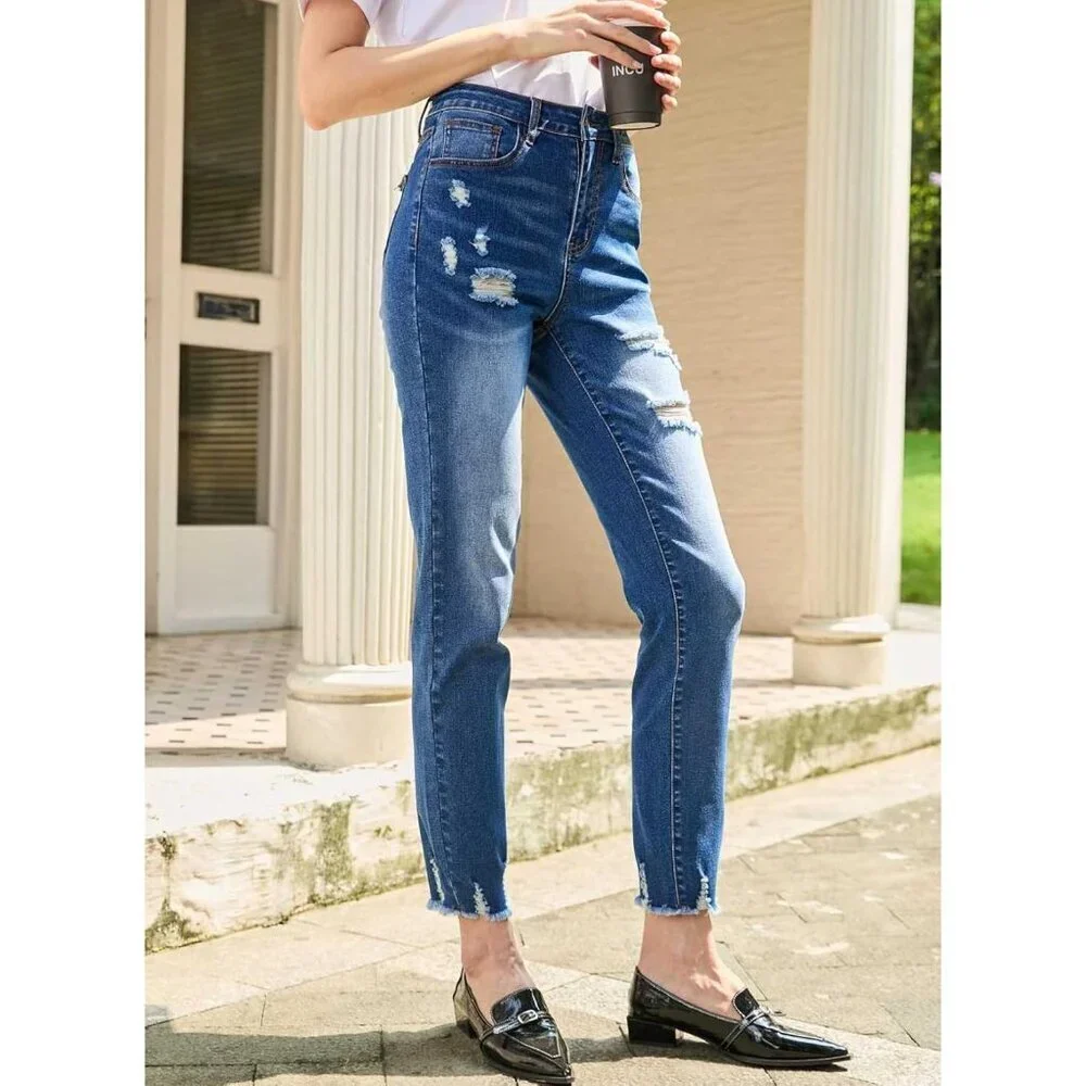 Women's High Waisted Ripped Stretch Jeans Ankle Straight Casual